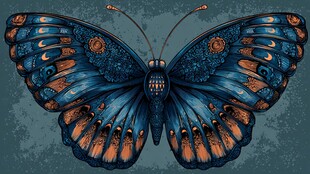 蓝色梦幻花纹蝴蝶插画