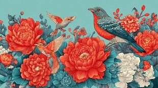 花鸟绘景 艳丽牡丹伴飞鸟