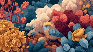 花丛中的彩鸟与绚烂花卉