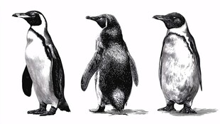 三只企鹅站立姿态素描图