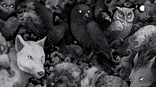 群兽汇聚的奇幻黑白世界