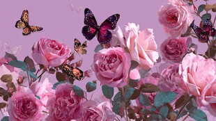 粉玫丛中蝶舞梦幻景象