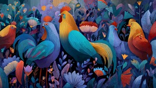 多彩群鸡栖于繁花丛中