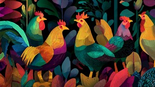 五彩公鸡于繁茂植物间