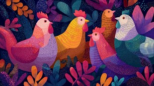 五彩群鸡于繁茂植物间