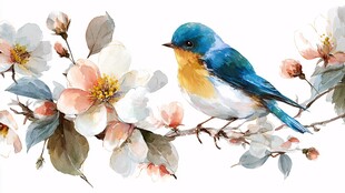 蓝鸟栖繁花枝头