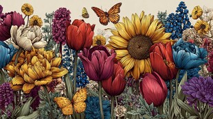 缤纷花卉与灵动蝴蝶图景