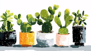 一排多彩盆栽仙人掌