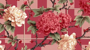 中式花卉图案 红底牡丹花