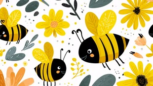 蜜蜂与花朵的可爱插画