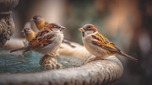 麻雀齐聚喷泉边