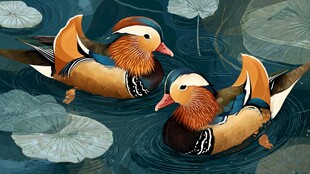 荷塘中戏水的两只鸳鸯