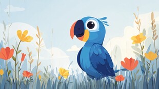 蓝鹦鹉立于花丛中