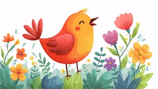 花丛中欢唱的可爱小鸟