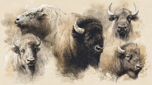 水彩风格的野牛群像