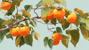 枝头硕果累累的橙色柿子