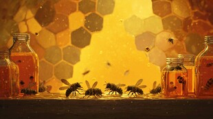 蜂巢边的蜜蜂与蜂蜜瓶