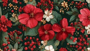 深红花卉与浆果繁茂图案