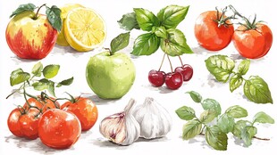 水彩绘多样果蔬与香草