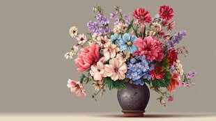 多彩花卉插于古朴花瓶中