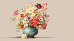 多彩花卉插于蓝陶花瓶中