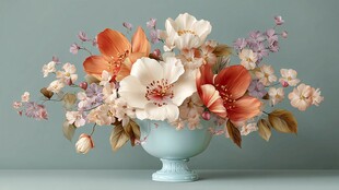 淡蓝花瓶中的多彩花卉