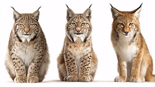 三只猞猁坐立的可爱瞬间