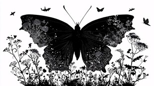 黑色蝴蝶与花草剪影