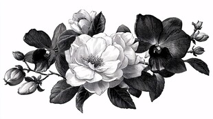 黑白花卉插画 优雅花簇