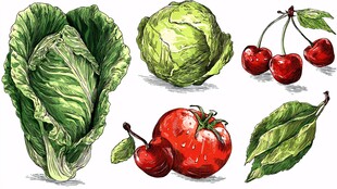 蔬菜与樱桃手绘插画