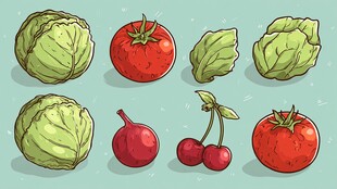 卡通蔬菜与樱桃插画