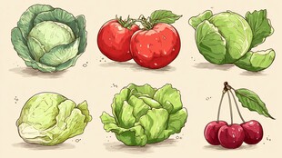 手绘蔬菜与樱桃插画