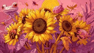 向日葵旁的蛙与昆虫世界