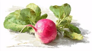 水彩画中的鲜嫩红皮萝卜