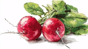 水彩画中的新鲜红皮萝卜