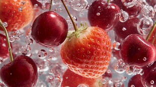 草莓樱桃在水中的美妙瞬间