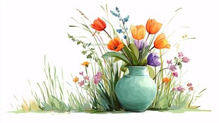 花瓶中的多彩野花插画
