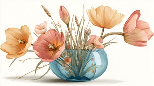 蓝色花瓶中的柔美花卉