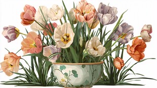 多彩郁金香盛放在瓷盆中