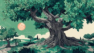 老树映日的静谧田园风光