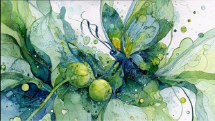 水彩绘蝴蝶栖于绿叶果实间