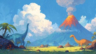 恐龙在火山旁的奇幻场景