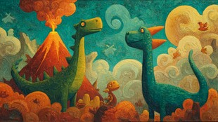 恐龙奇幻世界中的温馨场景