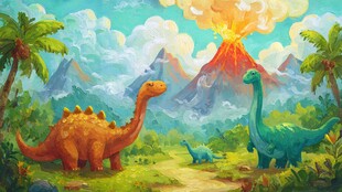 恐龙在火山旁的奇幻世界