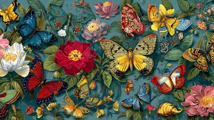 繁花蝴蝶交织的绚丽图景