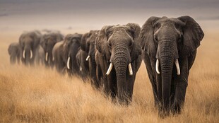 大象列队穿行金黄草原