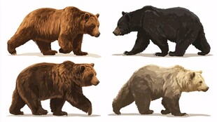 四种毛色各异的行走大熊