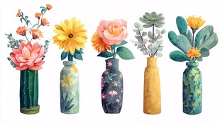 多彩花瓶插满绚丽花卉