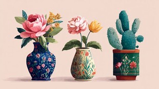 三个花瓶中的花卉与仙人掌