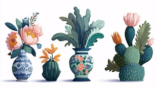 中式花瓶与多肉花卉插画